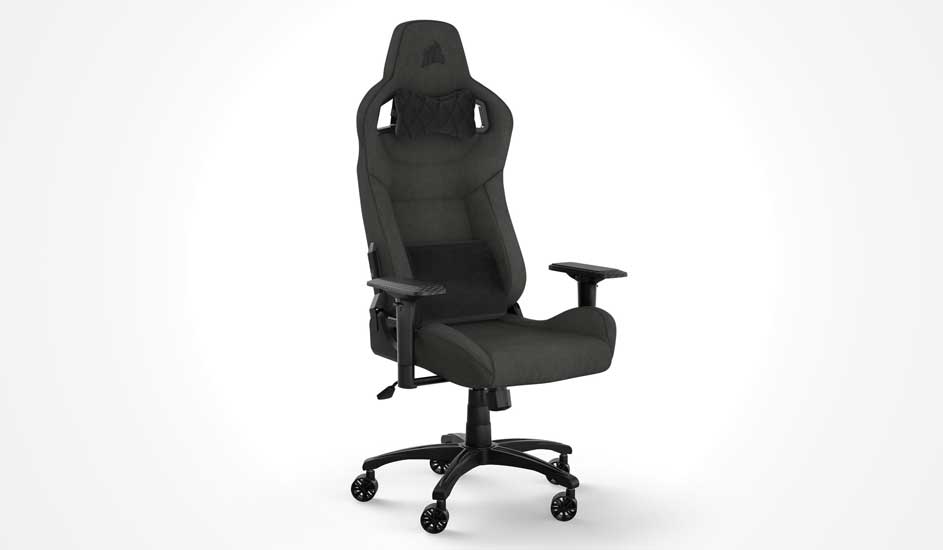 A tall black gaming chair with racing-style back, cushioned seat and adjustable armrests, resting on smooth caster wheels against white.