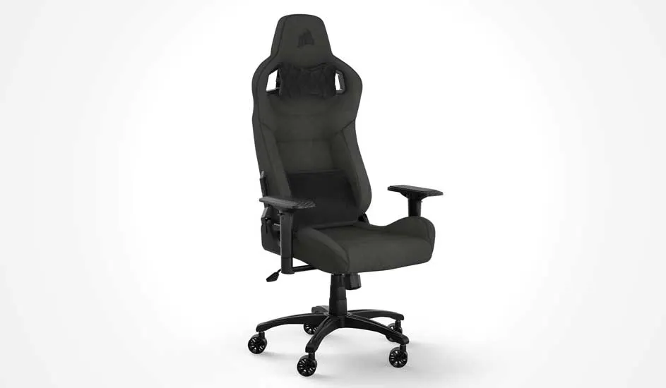 A tall black gaming chair with racing-style back, cushioned seat and adjustable armrests, resting on smooth caster wheels against white.