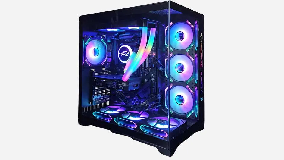 Een zwarte computerbehuizing met zichtbare componenten en kleurrijke ventilatoren staat afgebeeld.