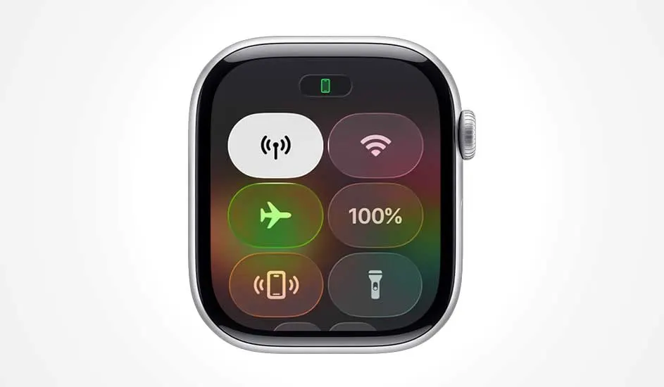 Apple Watch shows the Control Centre with toggles for mobile data, Wi‑Fi, aeroplane mode, full battery, pinging iPhone and torch.