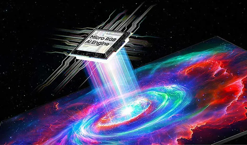 Een chip met ‘Micro RGB AI Engine’ projecteert licht op een scherm met een kleurrijke nevel, sterren en een heldere sterrenkern.