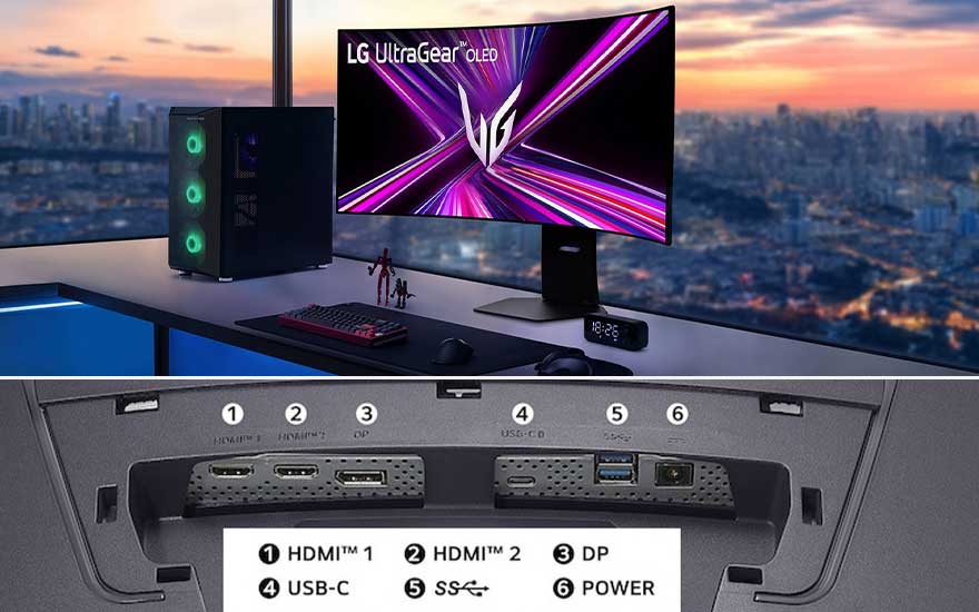 A gaming setup with an LG UltraGear OLED monitor, glowing PC tower and close up view of HDMI, USB C, DisplayPort and power ports.