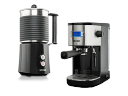 Koenic milk frother and Koenic espresso machine side by side.