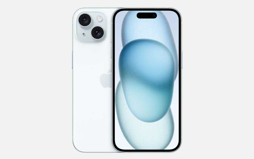A light blue Apple iPhone 15 is displayed from the front, showing a blue screen, and from the back, revealing a shiny finish with two cameras.