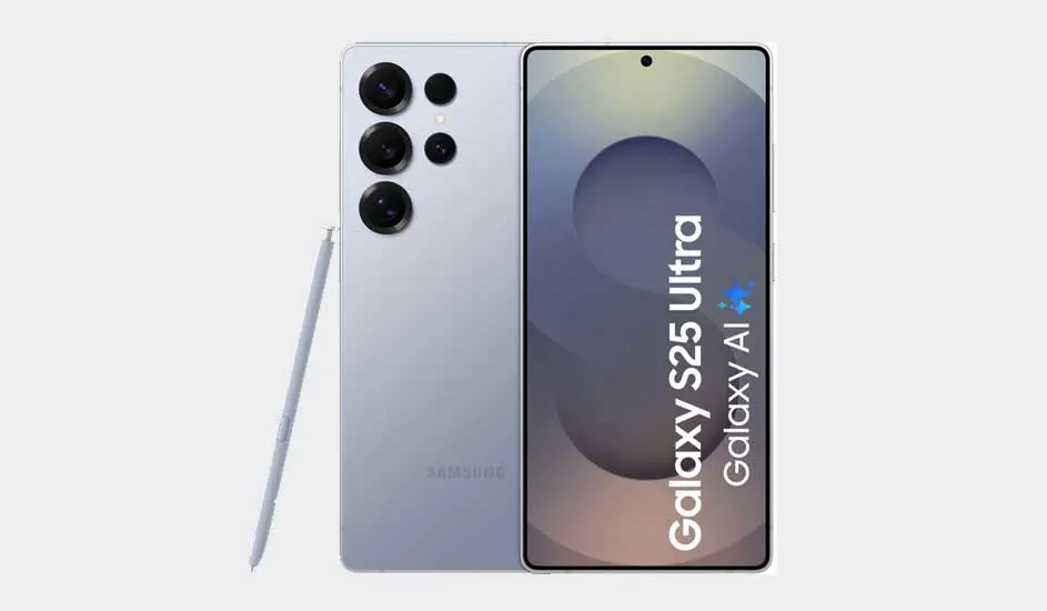 Een zilveren Samsung Galaxy S25 Ultra-smartphone met S Pen, groot display en vier camera’s, met “Galaxy AI” op het scherm.