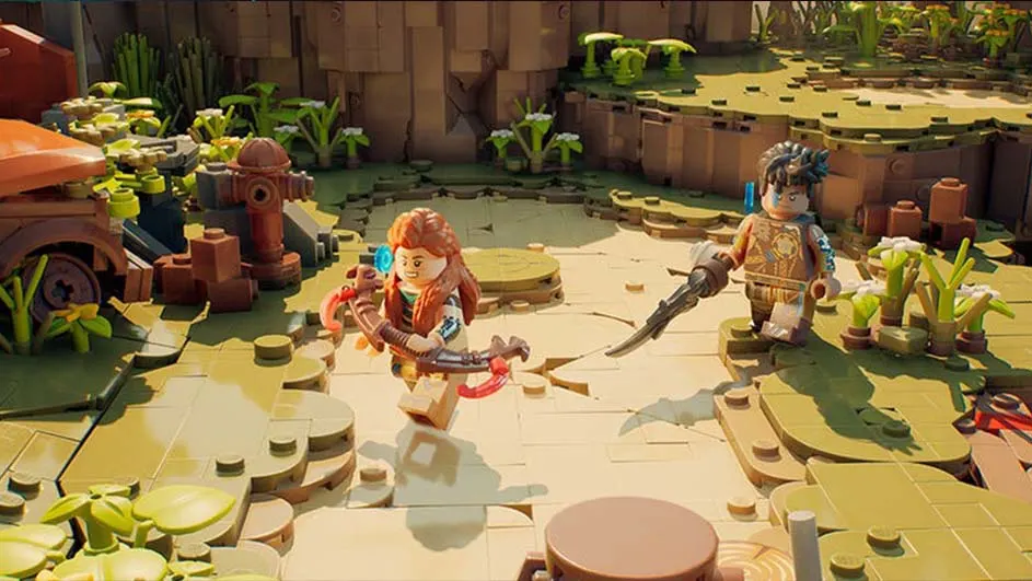 Een LEGO-achtige scène met twee figuren, een met pijl en boog, de ander met een speer, in een blokkerige omgeving.