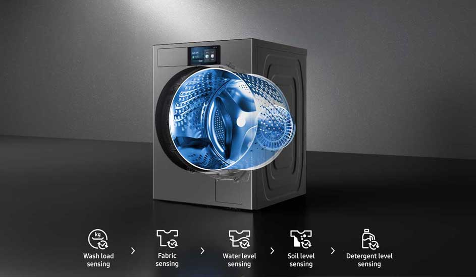 Donkere wasmachine met transparante blauwe visualisatie van trommel en sensoren, icoontjes tonen functies voor belading, water, vuil en wasmiddel.