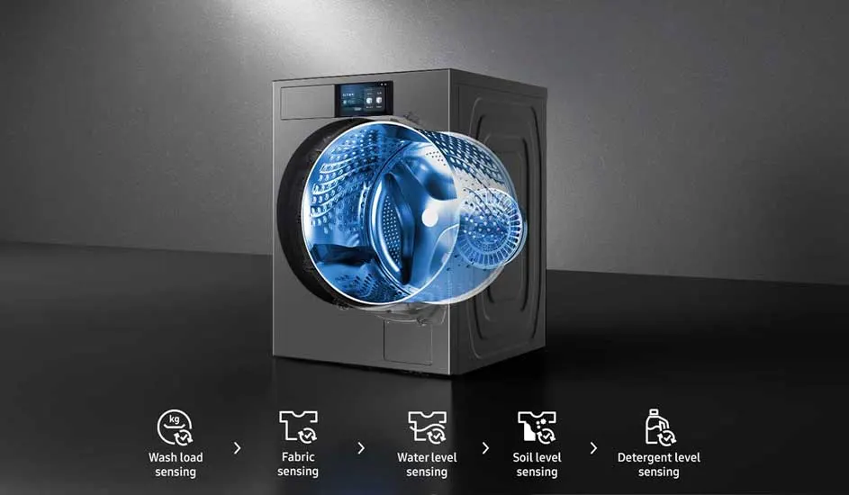Donkere wasmachine met transparante blauwe visualisatie van trommel en sensoren, icoontjes tonen functies voor belading, water, vuil en wasmiddel.