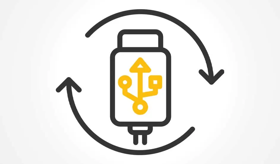 Een pictogram van een USB-stick met gele USB-symbool, omringd door twee zwarte pijlen in een cirkel die uitwisseling of synchronisatie tonen.