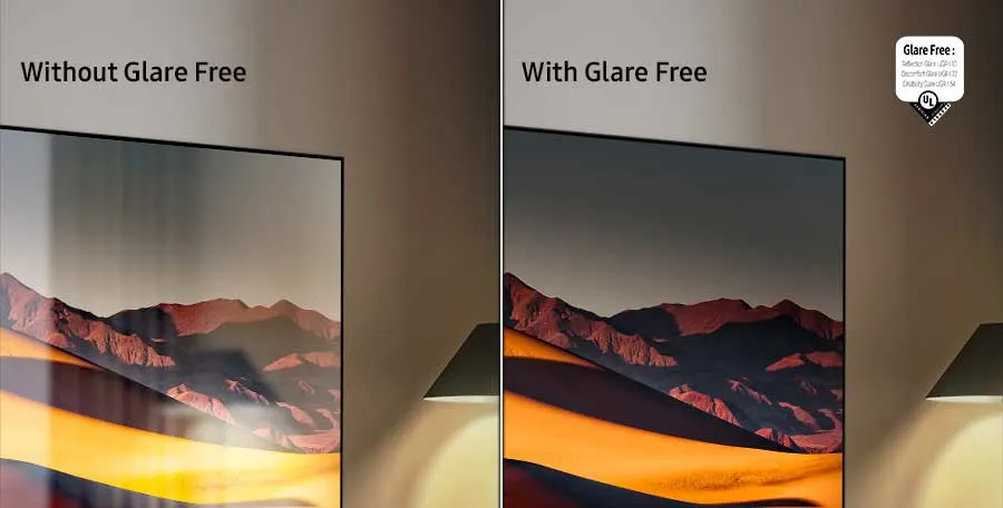Vergelijkend beeld van een tv-scherm links zonder anti-reflectielaag en rechts met, benadrukt duidelijk het verschil in spiegeling en kijkcomfort.