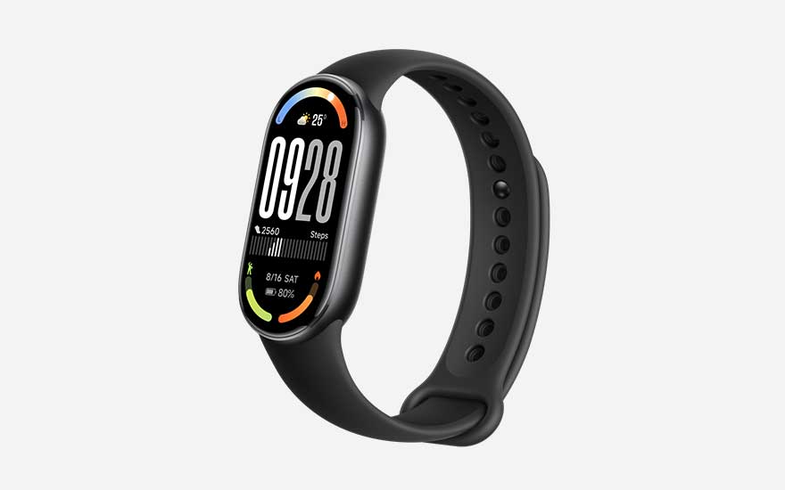 Slim black fitness band with curved colour display, showing steps, weather and activity stats against a minimalist pale background.