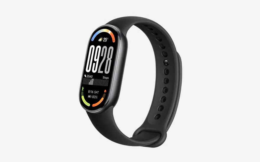 Slim black fitness band with curved colour display, showing steps, weather and activity stats against a minimalist pale background.