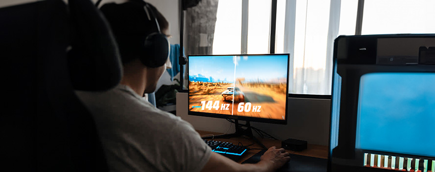 Person with headphones using a computer. Monitor shows a game with 144Hz and 60Hz indicators. Keyboard has blue lighting.