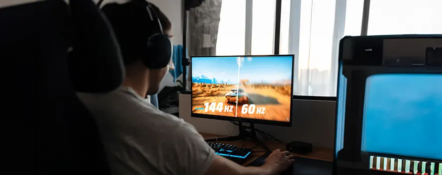 Person with headphones using a computer. Monitor shows a game with 144Hz and 60Hz indicators. Keyboard has blue lighting.