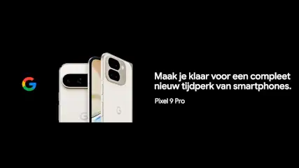 Twee witte Pixel 9 Pro telefoons staan op een zwarte achtergrond, met het Google-logo aan de linkerkant.