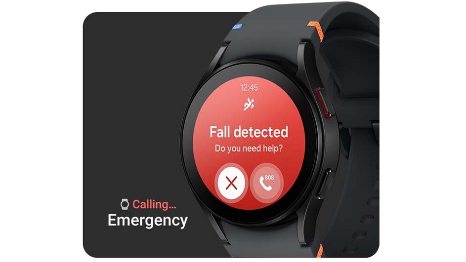 Zwarte smartwatch toont een rode melding "Val gedetecteerd" met opties voor annuleren of noodoproep op een grijs oppervlak.