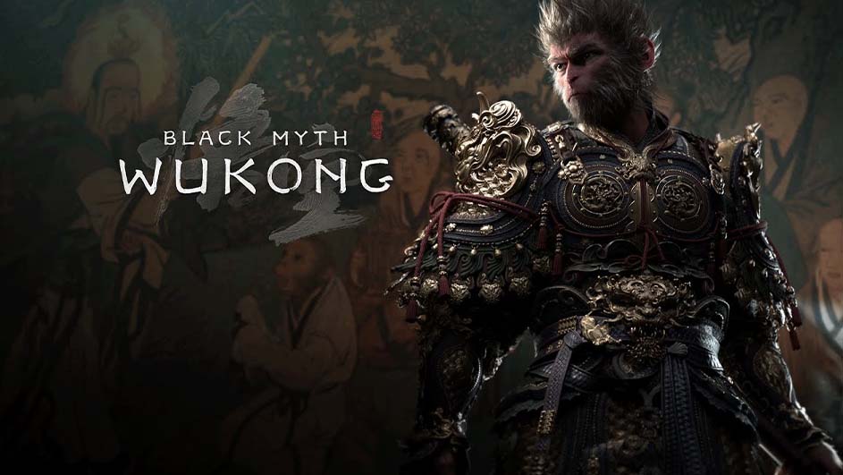 Zijaanzicht van een figuur in gouden en donkere bepantsering, met 'Black Myth Wukong' in witte letters links.