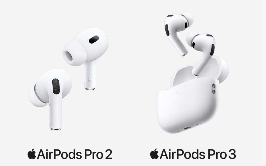 Links zweven AirPods Pro 2 voor een witte achtergrond, rechts verschijnen AirPods Pro 3 boven een open case, met productnamen eronder.