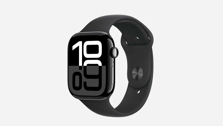 Een zwarte smartwatch toont 19:09 op een heldere achtergrond, met een bijpassende band.