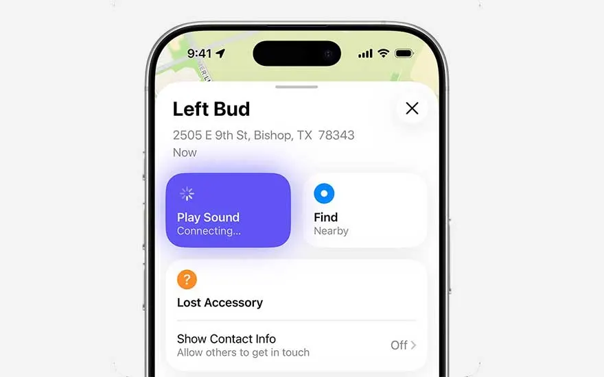 Find app screen shows details for the left earbud, with buttons to play a locating sound, find it nearby and manage lost accessory options.