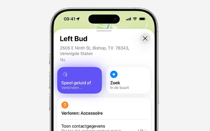 Zoek app toont details van het linker oordopje, met knoppen om een geluid af te spelen of het in de buurt te vinden, plus opties voor verloren accessoire.