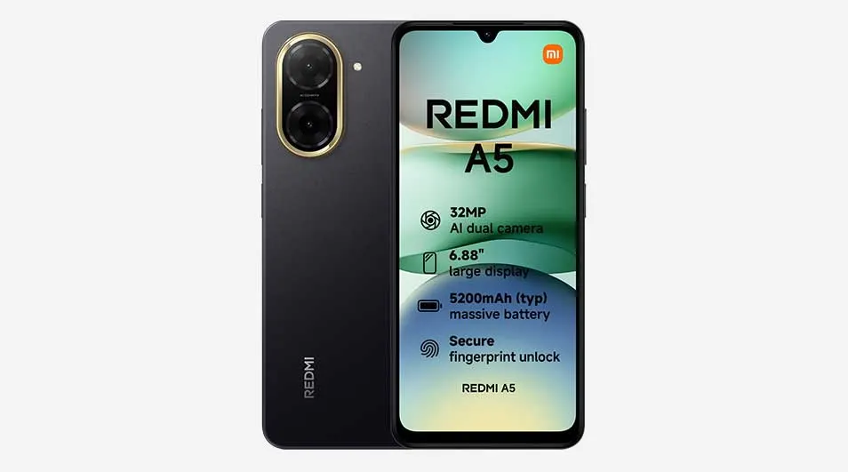 Black Redmi A5 smartphone with large display, teardrop notch and on screen specs showing 32 MP AI dual camera, 6.88" screen and 5200 mAh battery.