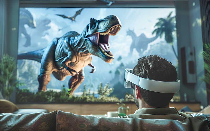 Een man zit op de bank met een VR-bril en bekijkt een angstaanjagende dinosaurus die realistisch verschijnt op een groot scherm.