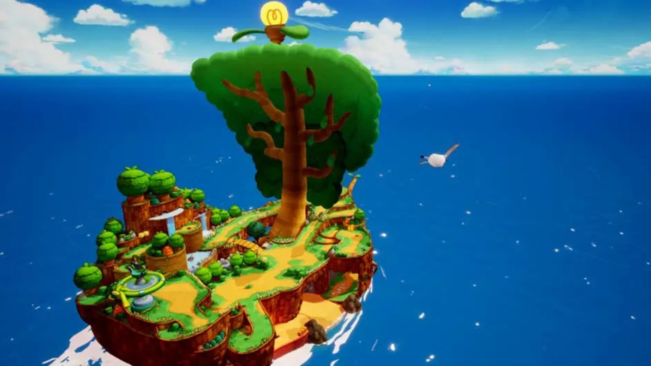 Een eiland in een blauwe oceaan met een boom, groene struiken, een waterval en een vogel in de lucht.
