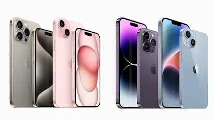 Twee groepen iPhones staan tegen een witte achtergrond. De telefoons hebben verschillende kleuren, waaronder grijs, roze, paars en blauw.