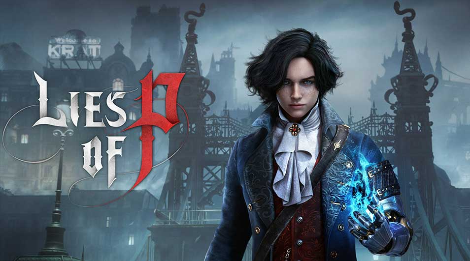Een personage in een blauwe jas met een robotarm staat voor de titel "Lies of P" en een stadsgezicht.
