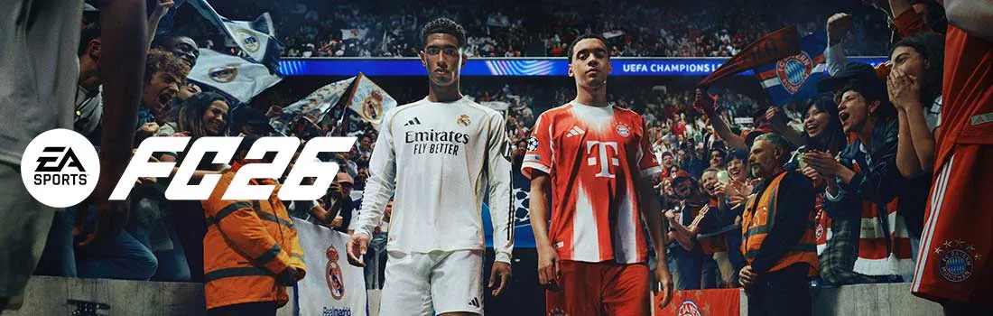 EA Sports FC26 logo featuring Real Madrid and Bayern Munich players in Champions League stadium packed with fans