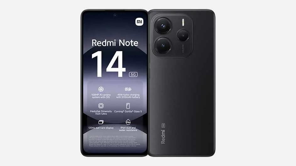 Een zwarte Redmi Note 14 5G telefoon, voor- en achterkant zichtbaar, op een witte achtergrond.