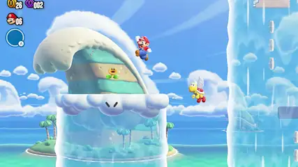 Super Mario gameplay in een dromerige wolkenwereld met Mario die springt tussen witte platforms en gele Koopa Troopa's.