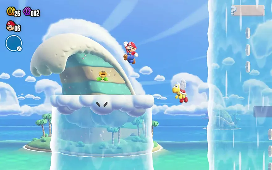 Super Mario gameplay in een dromerige wolkenwereld met Mario die springt tussen witte platforms en gele Koopa Troopa's.