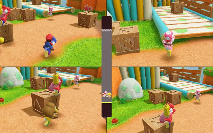 Split-screen Mario Party gameplay met vier spelers die door een kleurrijk level rennen vol houten kisten en groene