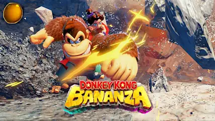 Donkey Kong vecht krachtig met gele energie-effecten terwijl Pauline op zijn rug zit, omringd door vliegende rotsen en puin overal.