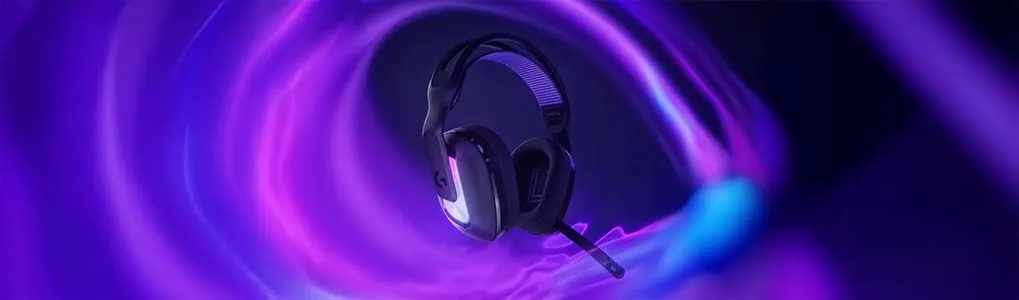 Logitech G522 Lightspeed gamingheadset zwevend in een spiraal van blauwe en paarse lichteffecten op een donkere achtergrond.