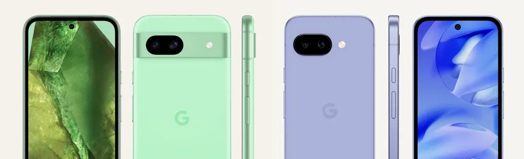 Twee Google Pixel smartphones in groen en paars, met het G-logo, tonen hun voorkant, achterkant en zijkant.