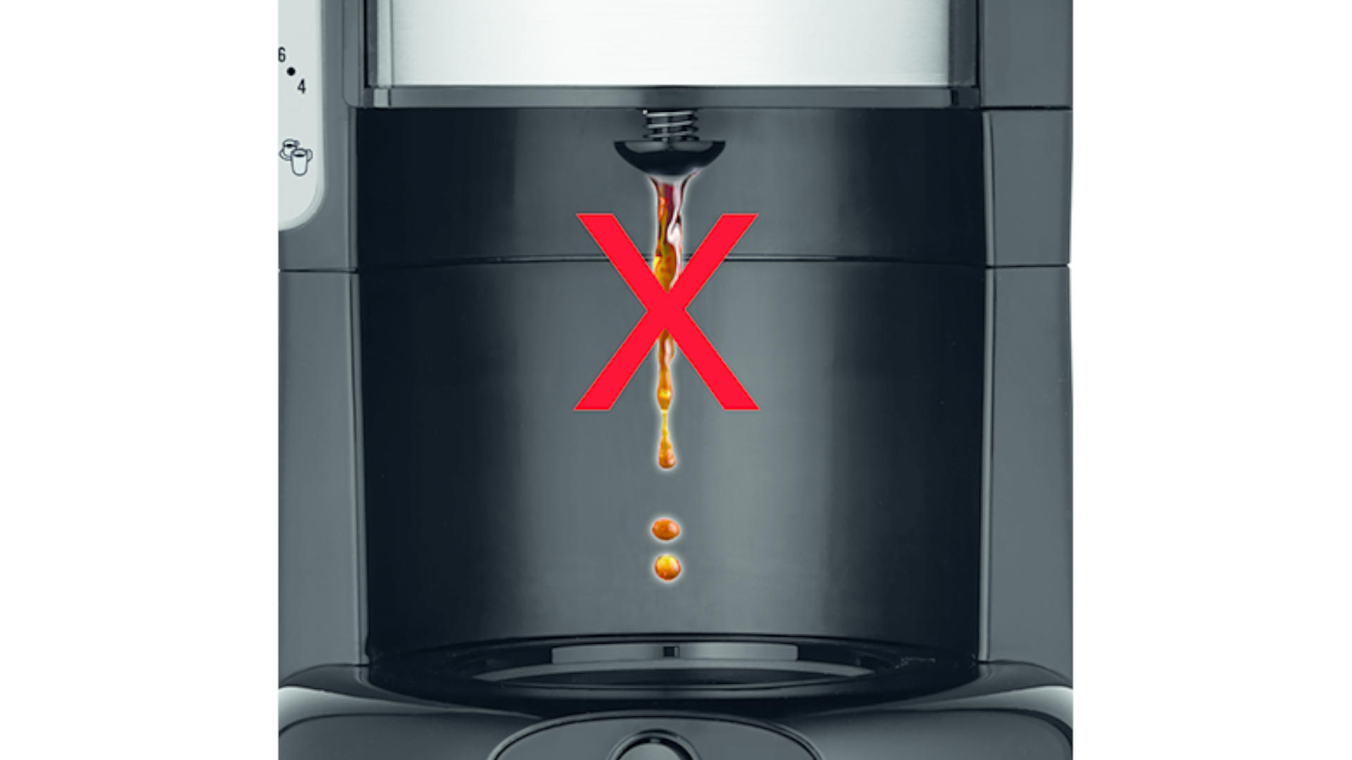 Een grijze koffiezetapparaat met een rode X over de plek waar koffie uit zou moeten komen.