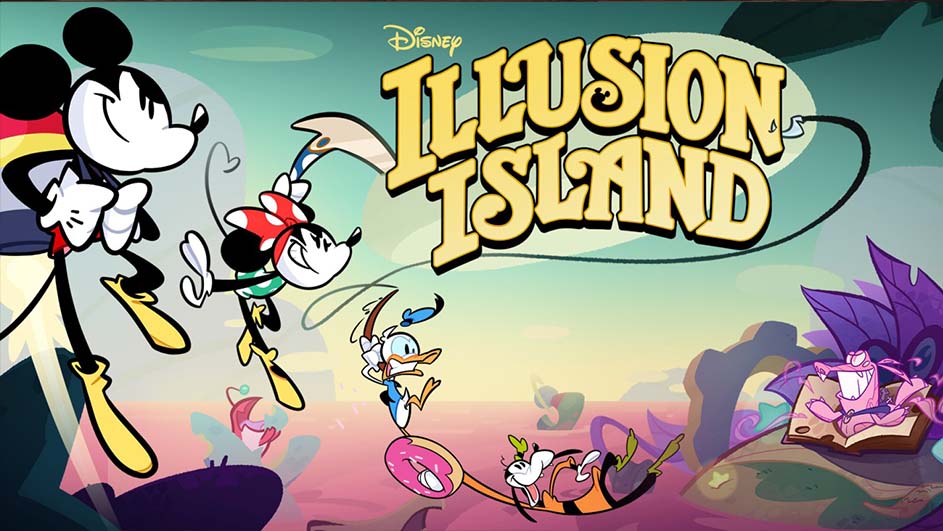Mickey, Minnie, Donald en Goofy staan op 'Illusion Island'. Donald balanceert op een donut, terwijl Goofy valt. Achtergrond is paars en groen.