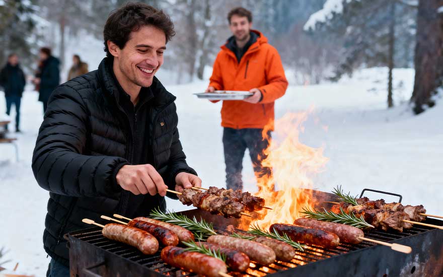 A man grills sausages and skewers over high flames in a snowy landscape, while friends wait warmly for the food nearby.