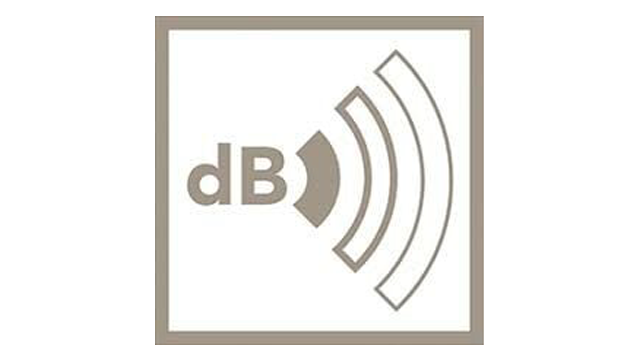 Een grijs icoon in een vierkant kader toont 'dB' met geluidsgolven naar rechts.