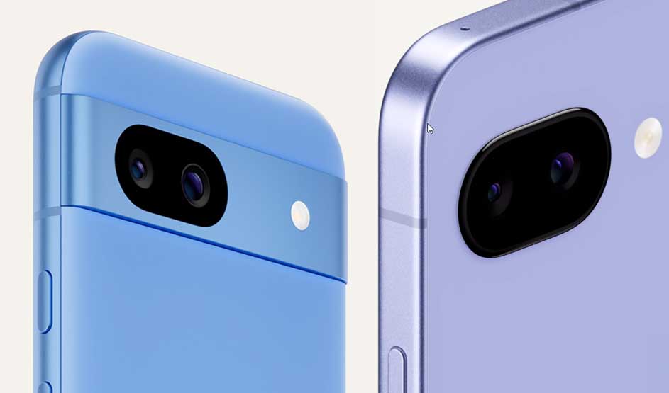 Twee close-up foto's van blauwe Google Pixel smartphones, elk met dubbele camera's en een flits aan de achterkant.