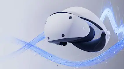 Een witte VR-headset met zwarte details, omgeven door blauwe lichtgolven tegen een lichte achtergrond.