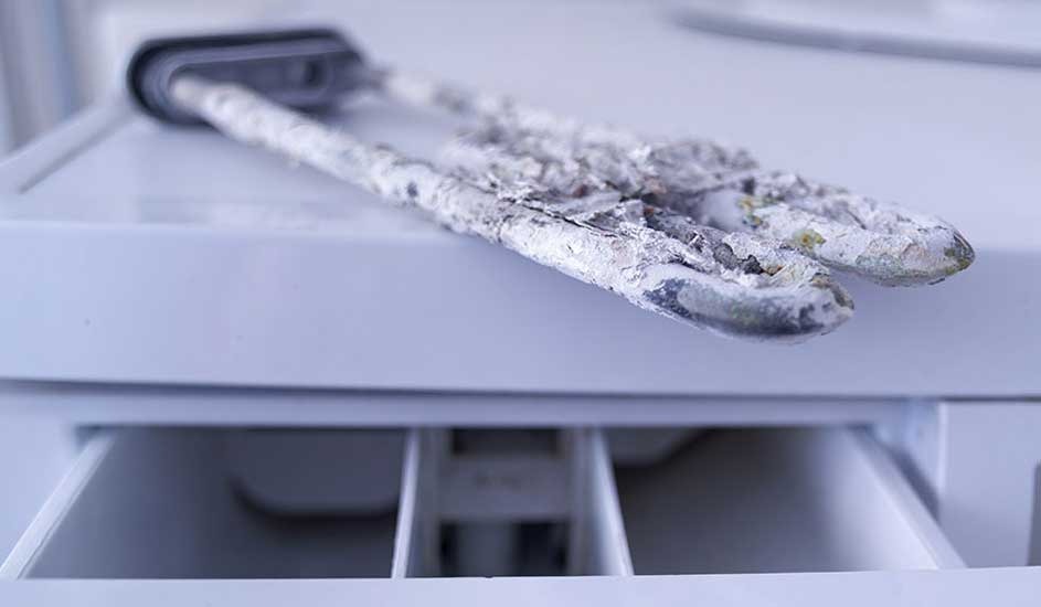 A heavily scaled washing machine heating element lies on top of a white detergent drawer. No brand name is visible anywhere in the image.