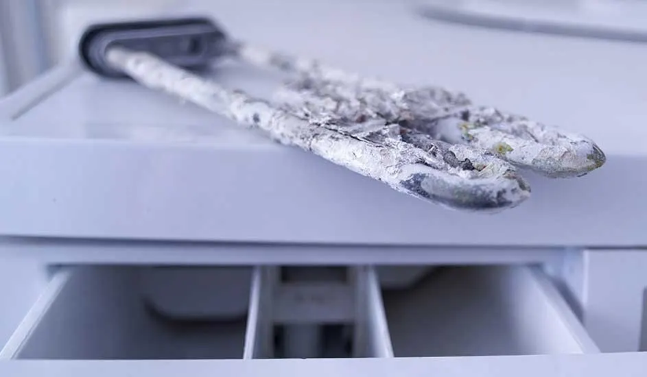 A heavily scaled washing machine heating element lies on top of a white detergent drawer. No brand name is visible anywhere in the image.