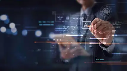 Een persoon in pak interageert met blauwe digitale schermen met AI, sloten en cloud-iconen.