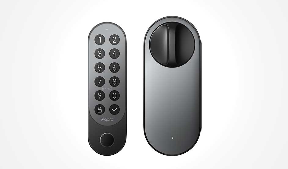Een slimme Aqara-deurslotset toont een toetsenpaneel en een strak binnenpaneel in zwart en grijs op lichte achtergrond.