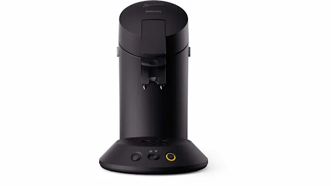Een zwarte Senseo koffiemachine staat op een witte achtergrond met drie knoppen aan de onderkant.