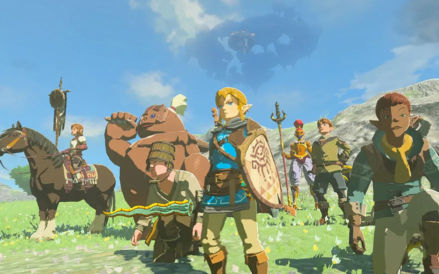Epische Zelda groepsfoto met Link en zijn metgezellen die poseren in een groen veld voor dramatische bergen en blauwe luchten.